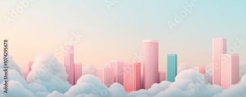 Stylish city skyline emerging from soft pastel clouds at sunset.