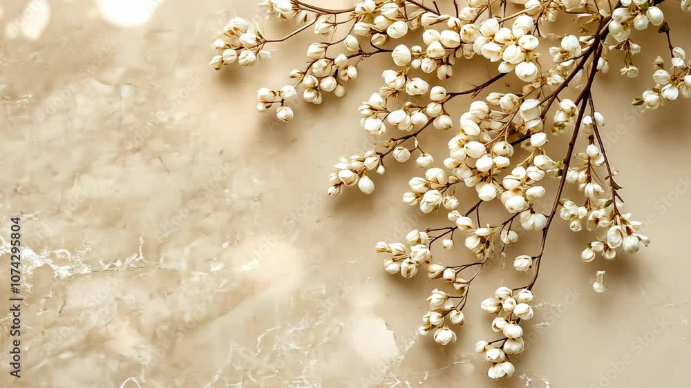 White flowers with delicate stems rest on a cream-colored surface White flowers with delicate stems rest on a cream-colored surface