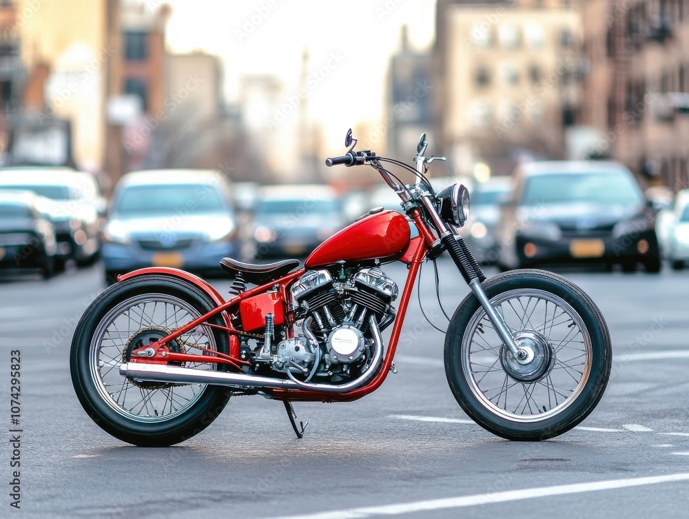 Stylish red motorcycle parked on a busy city street. Stylish red motorcycle parked on a busy city street.