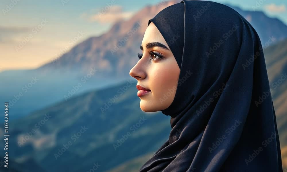 A woman in a hijab gazes thoughtfully at a scenic landscape during sunset. A woman in a hijab gazes thoughtfully at a scenic landscape during sunset.