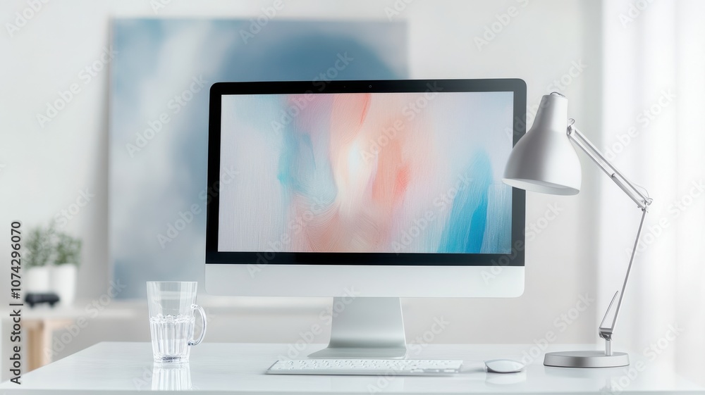 Fototapeta premium Stylish workspace with modern computer and desk lamp setup.