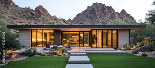 Single-story modern home with large glass doors, minimalist landscape, and a mountain view, 