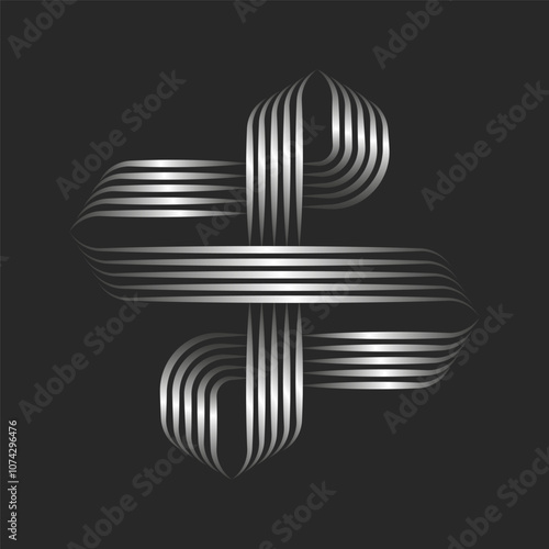 Futuristic metallic ribbon design with intricate interwoven lines and reflective silver surface, creating a visually dynamic metallic gradient parallel lines pattern.