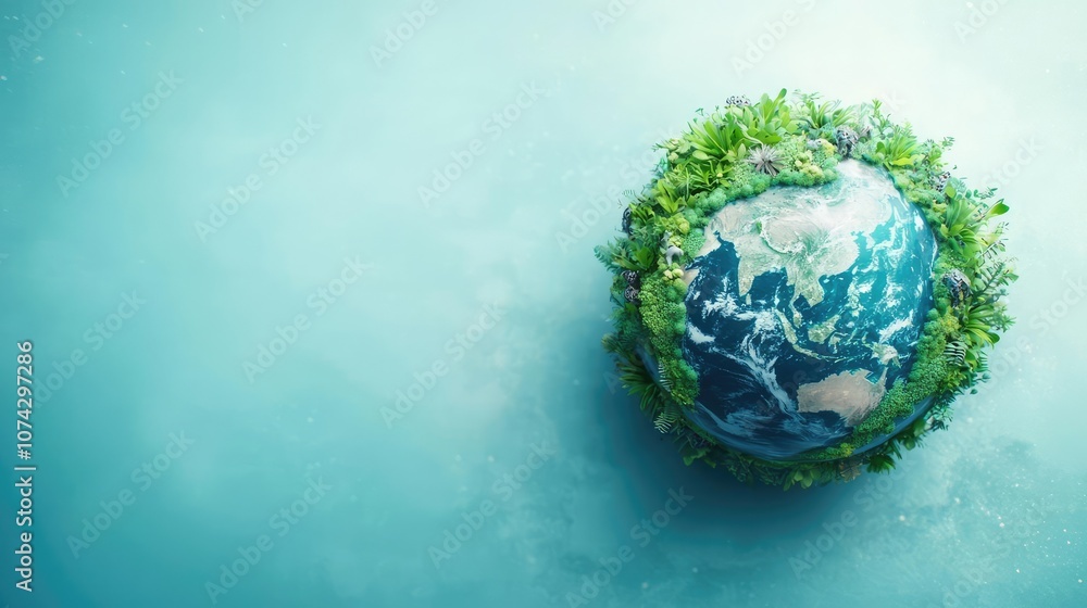 Fototapeta premium Earth surrounded by lush greenery on a serene blue background.