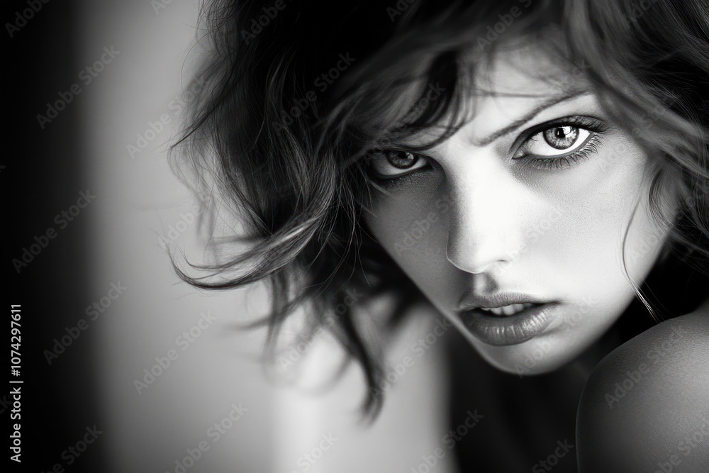 A striking black-and-white portrait of a person with intense gaze and tousled hair. A striking black-and-white portrait of a person with intense gaze and tousled hair.