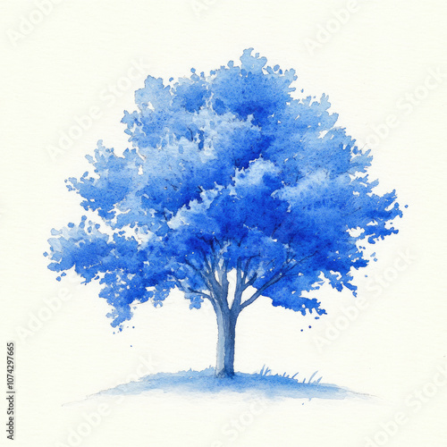 Watercolor Bright Blue Cottonwood Tree Illustration