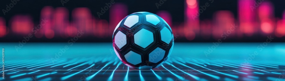 Fototapeta premium Vibrant soccer ball on a colorful digital field backdrop.