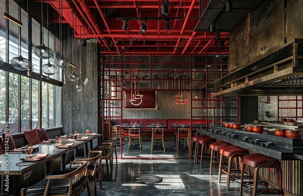 Fototapeta premium Modern restaurant interior with red accents.
