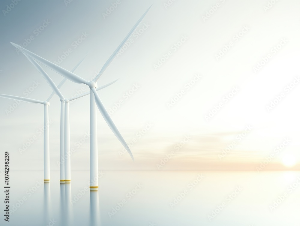 Wind turbines on calm water at sunrise, symbolizing clean energy. Wind turbines on calm water at sunrise, symbolizing clean energy.