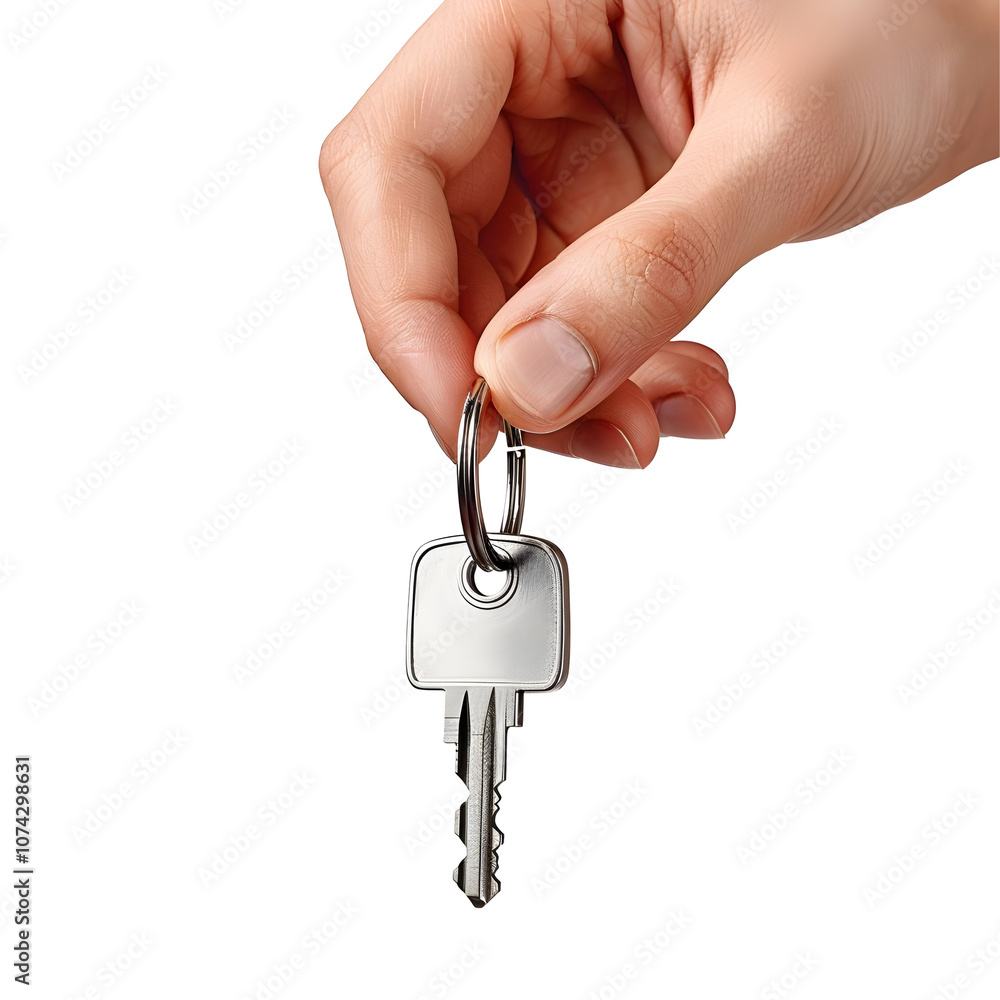 A hand holding a single silver key with a ring, isolated on transparent background. A hand holding a single silver key with a ring, isolated on transparent background.