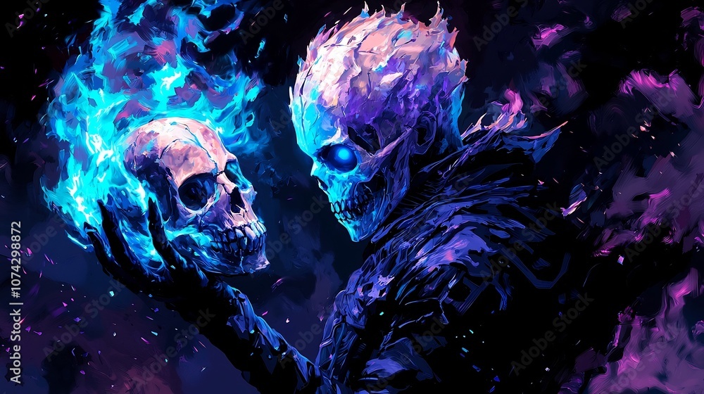 Worm's-eye View of Ethereal Figure Holding Glowing Skull in Mystic Ritual Scene Worm's-eye View of Ethereal Figure Holding Glowing Skull in Mystic Ritual Scene