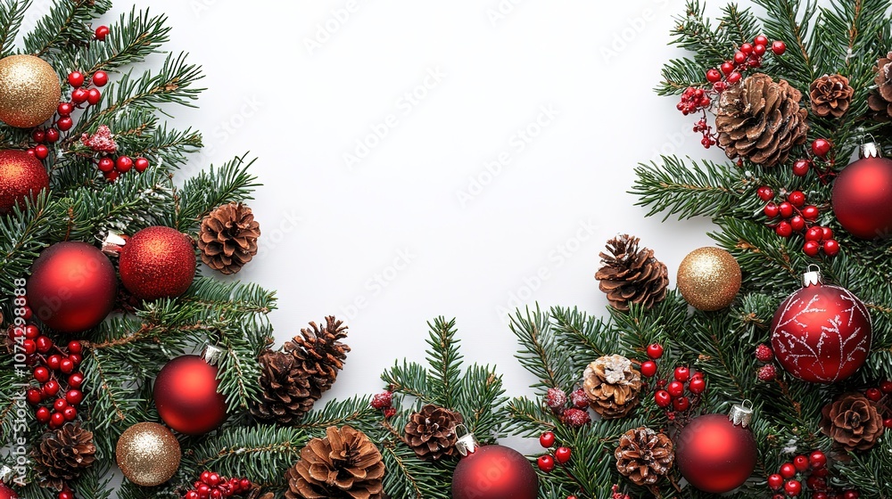 Festive Christmas border with pine branches, red and gold ornaments, berries, and pine cones on a white isolated background. Festive Christmas border with pine branches, red and gold ornaments, berries, and pine cones on a white isolated background.
