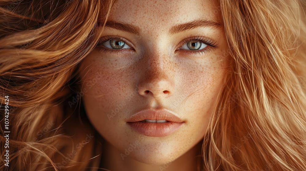 Naklejka premium Close-up of a woman's face framed by shiny, long hair, perfect skin, and soft light, beauty-focused shot