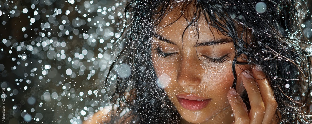 Obraz premium A serene close-up of a woman in rain, with droplets glistening around her as she gently touches her face, conveying a sense of calm and introspection.