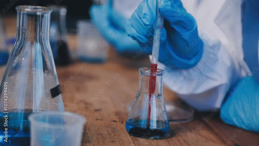 Group of dedicated scientist conduct chemical experiment in medical laboratory, carefully drop precise amount of liquid from pipette into test tube for vaccine drug or antibiotic development. Neoteric Group of dedicated scientist conduct chemical experiment in medical laboratory, carefully drop precise amount of liquid from pipette into test tube for vaccine drug or antibiotic development. Neoteric