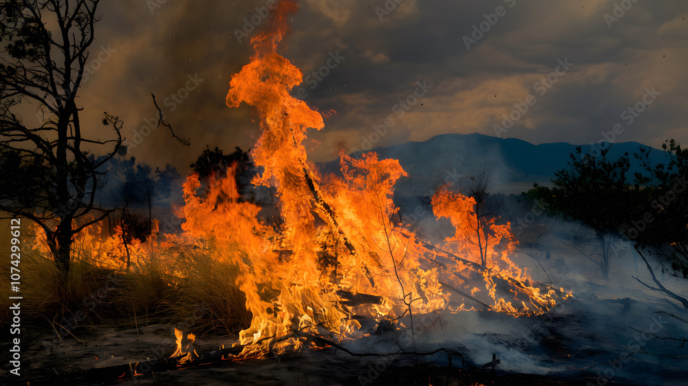 Fototapeta premium A wildfire burning through a forested area with trees and dry grass engulfed in flames, creating a smoky and intense atmosphere.
