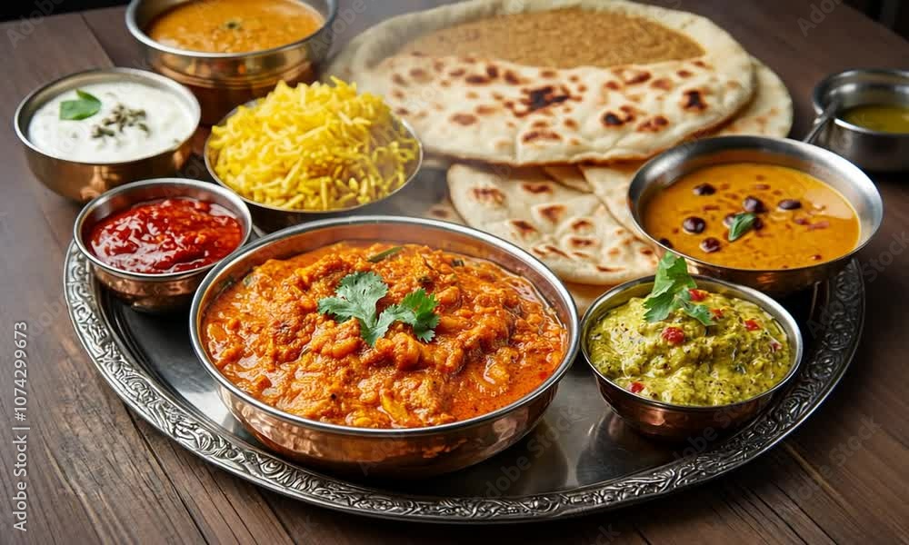 A vibrant Indian meal featuring curry, rice, bread, and condiments on a silver platter. A vibrant Indian meal featuring curry, rice, bread, and condiments on a silver platter.