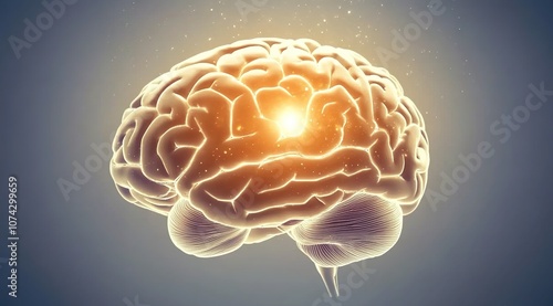 A glowing human brain against a soft gray background photo