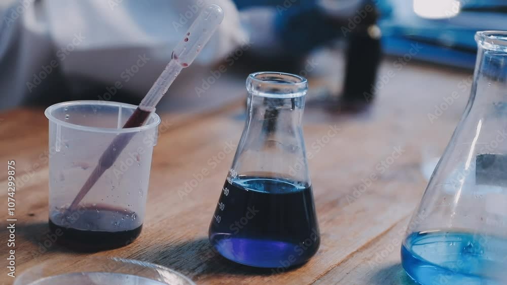 Group of dedicated scientist conduct chemical experiment in medical laboratory, carefully drop precise amount of liquid from pipette into test tube for vaccine drug or antibiotic development. Neoteric Group of dedicated scientist conduct chemical experiment in medical laboratory, carefully drop precise amount of liquid from pipette into test tube for vaccine drug or antibiotic development. Neoteric
