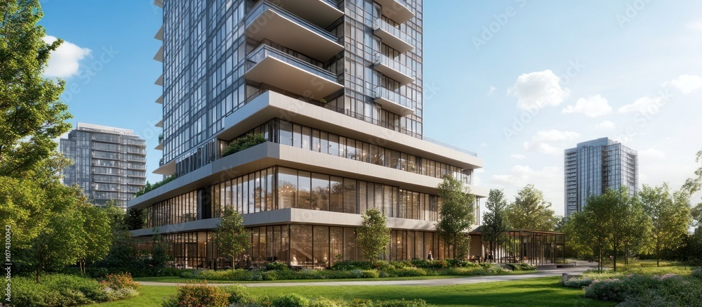 Modern condominium building with glass walls, green spaces, and a sunny blue sky, Modern condominium building with glass walls, green spaces, and a sunny blue sky,