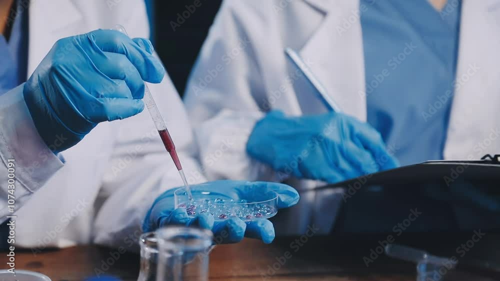 Group of dedicated scientist conduct chemical experiment in medical laboratory, carefully drop precise amount of liquid from pipette into test tube for vaccine drug or antibiotic development. Neoteric Group of dedicated scientist conduct chemical experiment in medical laboratory, carefully drop precise amount of liquid from pipette into test tube for vaccine drug or antibiotic development. Neoteric