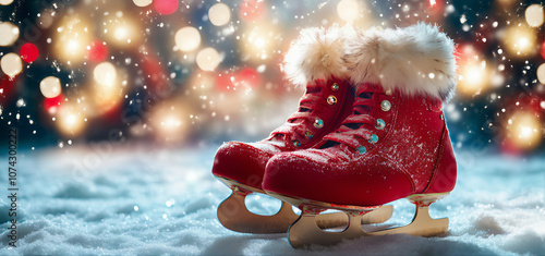 Skates on the snow ice. Ice skater, figure skater. Skates on the snow. skating rink. Ice skate. Chrismas skates boot on the snow. Pair of boots on the snow. Skating shoes photo