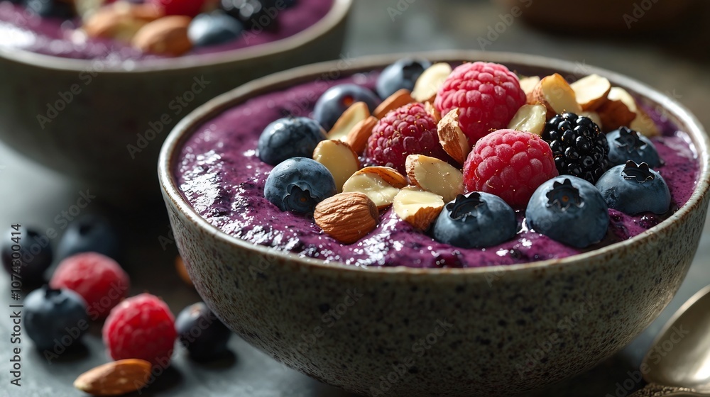 Vibrant Vegan Smoothie Bowl Overflowing with Fresh Berries and Crunchy Nuts Vibrant Vegan Smoothie Bowl Overflowing with Fresh Berries and Crunchy Nuts