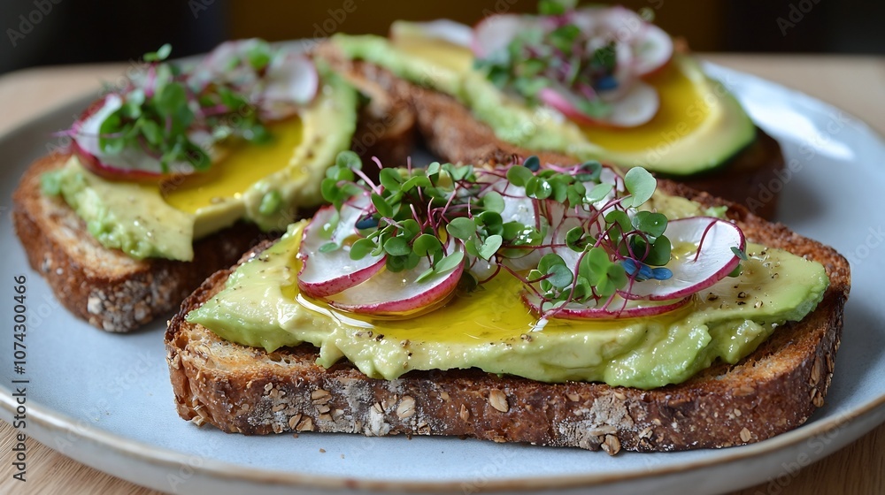 Creamy Avocado Toast with Microgreen Garnish and Olive Oil Drizzle on Crusty Whole Grain Bread Creamy Avocado Toast with Microgreen Garnish and Olive Oil Drizzle on Crusty Whole Grain Bread