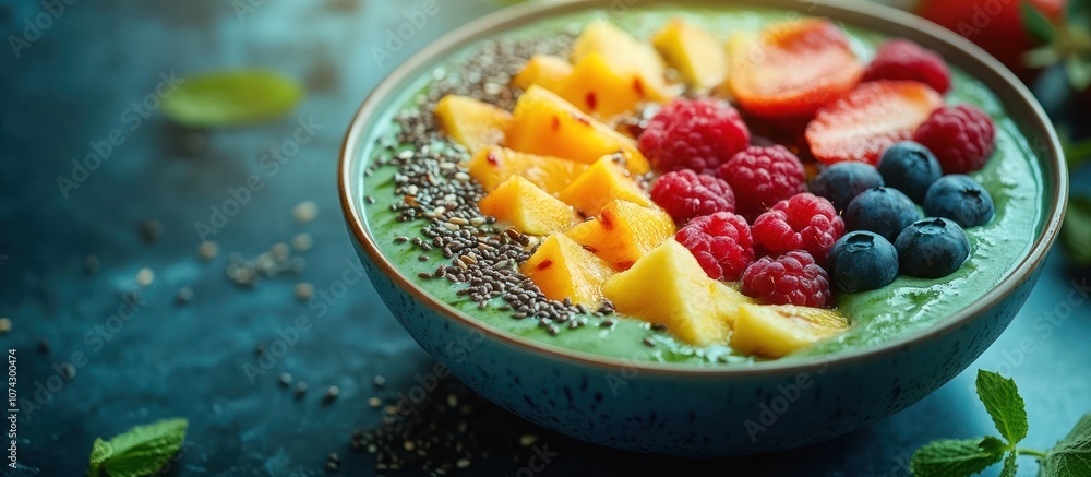 Closeup of a green smoothie bowl topped with mango, raspberries, strawberries, blueberries, and chia seeds. Closeup of a green smoothie bowl topped with mango, raspberries, strawberries, blueberries, and chia seeds.