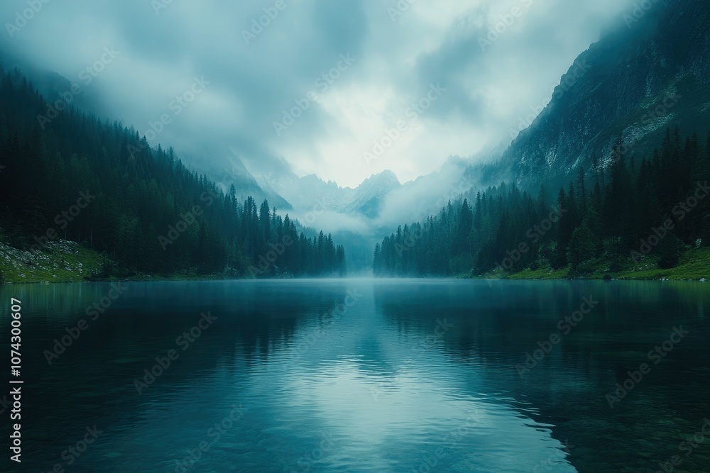 A serene mountain lake surrounded by a dense forest, shrouded in a misty morning light. A serene mountain lake surrounded by a dense forest, shrouded in a misty morning light.