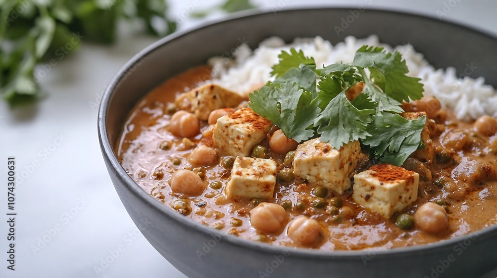 Mouthwatering Dairy-Free Coconut Curry with Chickpeas or Tofu,Robust Spice Blend,and Fresh Cilantro Garnish Mouthwatering Dairy-Free Coconut Curry with Chickpeas or Tofu,Robust Spice Blend,and Fresh Cilantro Garnish