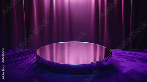 Purple velvet curtain product  podium stage. Purple reflective threater podium exhibit stage. Stage with curtains. Purple curtains background with spotlight. Stage curtains with spotlight photo