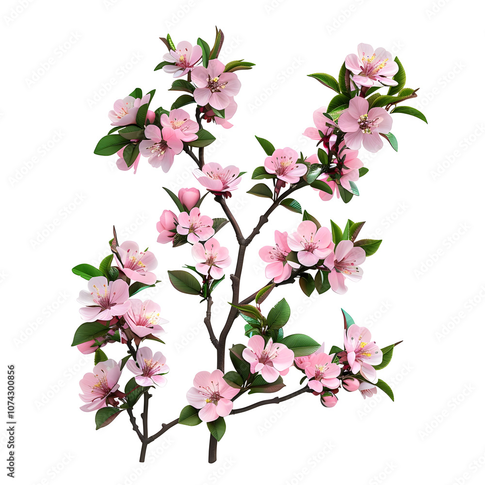 Pink Blossom Branch with Green Leaves Isolated on Transparent Background Pink Blossom Branch with Green Leaves Isolated on Transparent Background