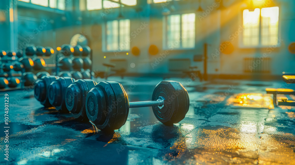 Obraz premium Gym with dumbbells on a wet floor, bathed in warm, glowing sunlight creating a focused atmosphere