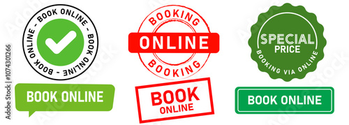 Book online e-commerce reservation retail hotel restaurant website booking service stamp badge sticker label colorful design icon set collection