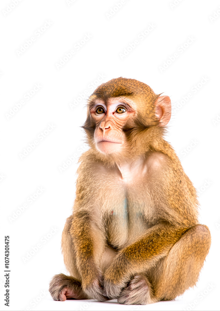 Cute Young Monkey Sitting on White Background with Expressive Eyes, Exhibiting Curiosity and Playfulness, Ideal for Nature or Wildlife Themes in Stock Photography Cute Young Monkey Sitting on White Background with Expressive Eyes, Exhibiting Curiosity and Playfulness, Ideal for Nature or Wildlife Themes in Stock Photography