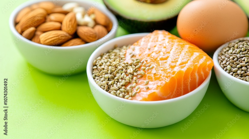 Salmon and Nuts with Egg and Seeds on Green Background Salmon and Nuts with Egg and Seeds on Green Background