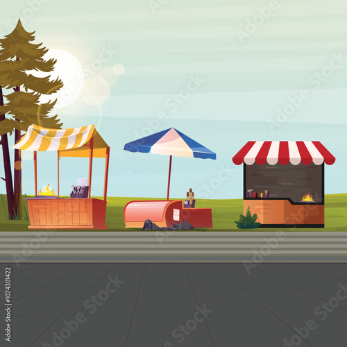 Street food bazaar cartoon illustration