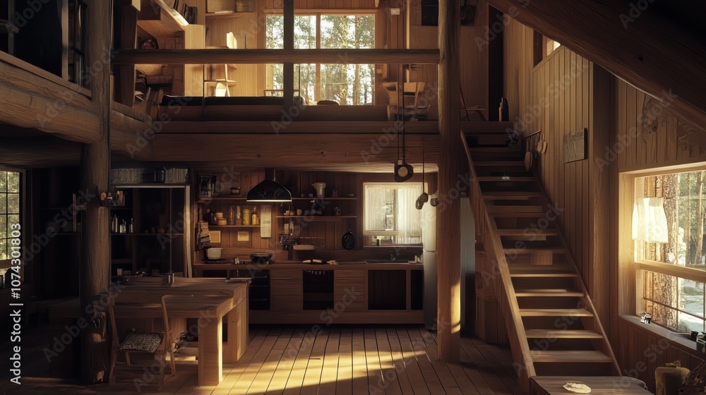 A cozy wooden interior with a kitchen, dining area, and staircase, illuminated by natural light. A cozy wooden interior with a kitchen, dining area, and staircase, illuminated by natural light.