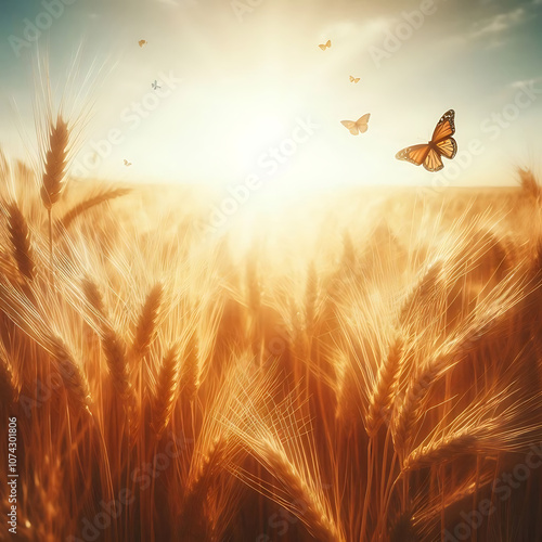 golden wheat field. Ears of golden wheat close up.
