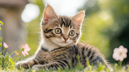 Wallpaper Mural playful kitten resting in sunlit garden, surrounded by flowers, exuding curiosity and joy. soft fur and bright eyes capture essence of serene moment in nature Torontodigital.ca