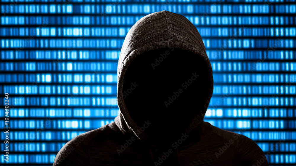Mysterious Figure in Dark Hooded Sweatshirt Against a Blue Binary Code Background Representing Digital Threats and Cybersecurity Challenges in the Modern World Mysterious Figure in Dark Hooded Sweatshirt Against a Blue Binary Code Background Representing Digital Threats and Cybersecurity Challenges in the Modern World