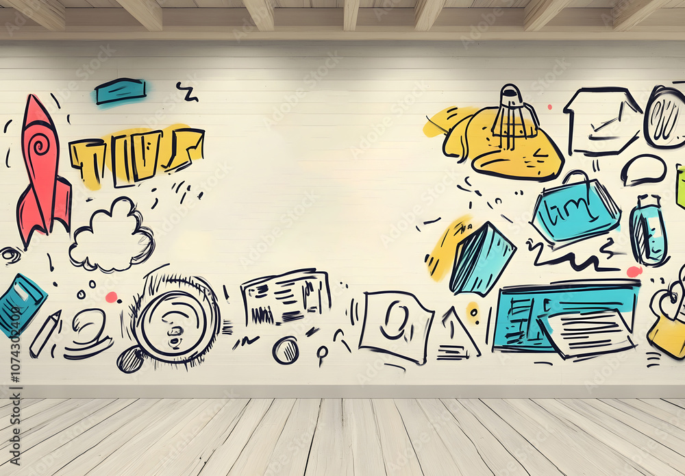 Fototapeta premium Creative Sketches on White Wall with Lightbulbs, Rocket, and Doodles for Brainstorming Ideas