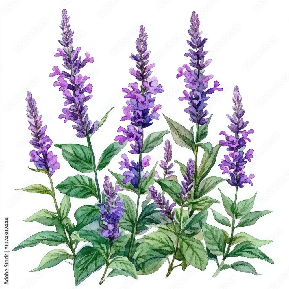 Obraz premium Watercolor Lovely Purple Salvia Garden Illustration