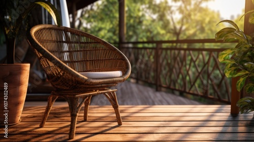 Relaxing on a Wooden Deck with Wicker Chair