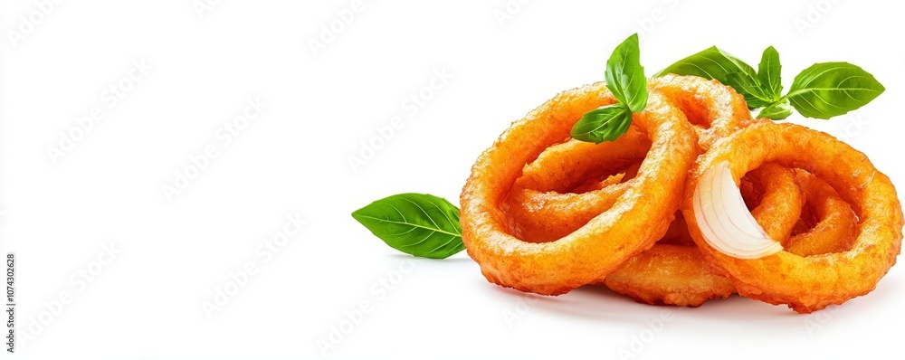 A close-up view of crispy, golden onion rings garnished with fresh herbs. Perfect for menus, food photography, or culinary promotions. A close-up view of crispy, golden onion rings garnished with fresh herbs. Perfect for menus, food photography, or culinary promotions.