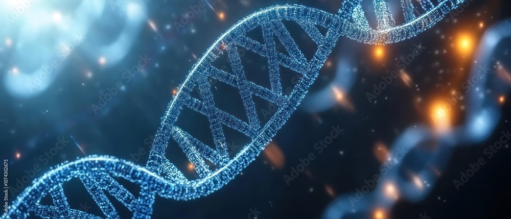 Close-up view of a DNA double helix with glowing particles, symbolizing genetic research. Close-up view of a DNA double helix with glowing particles, symbolizing genetic research.