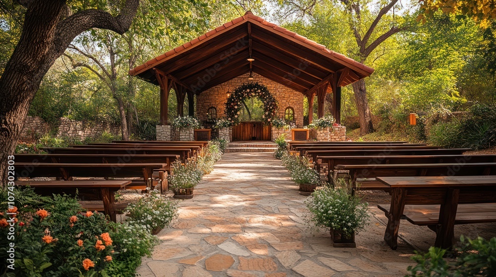 Rustic wooden chapel with stone floor and floral decorations, perfect for a wedding ceremony. Rustic wooden chapel with stone floor and floral decorations, perfect for a wedding ceremony.