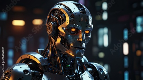 A highly developed robot with metallic surfaces and brightly glowing eyes is showcased in a dark technologically advanced setting exuding sophistication