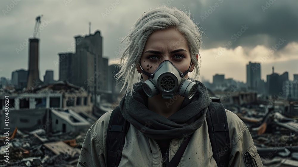 A person with short white hair and a gas mask faces the camera surrounded by a devastated city skyline illustrating survival in harsh conditions A person with short white hair and a gas mask faces the camera surrounded by a devastated city skyline illustrating survival in harsh conditions